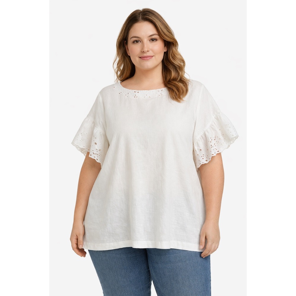 LOFT Eyelet Ruffle‎ Sleeve Blouse Womens XXL White Linen Blend V-Back Feminine